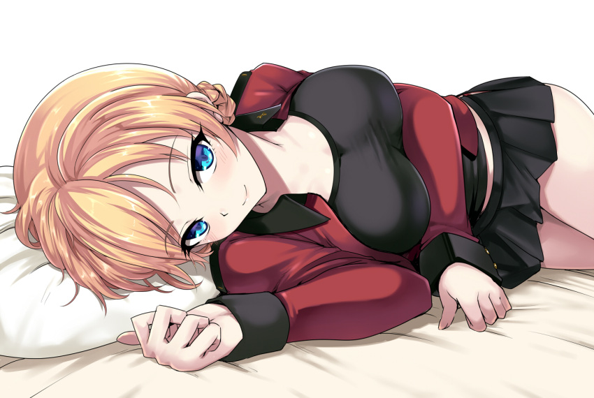 1girl bangs bed_sheet black_skirt blonde_hair blue_eyes blush braid breasts coat darjeeling_(girls_und_panzer) girls_und_panzer kasai_shin large_breasts looking_at_viewer lying on_side open_clothes open_coat pillow pleated_skirt short_hair simple_background skirt smile solo st._gloriana's_military_uniform tied_hair twin_braids white_background