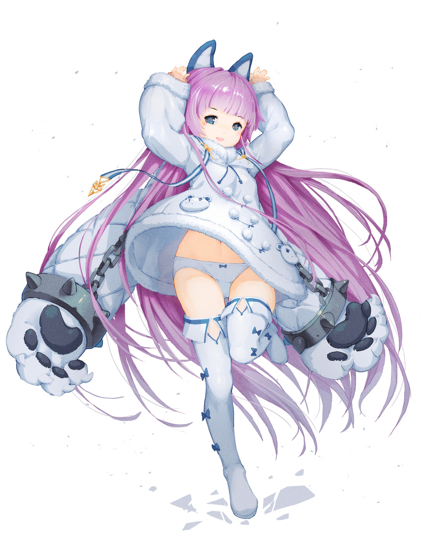 1girl animal_ears azur_lane bangs bear_paws blue_eyes bluesnail blunt_bangs boots chain coat fake_animal_ears full_body fur-trimmed_coat fur_trim hands_above_head highres long_hair looking_at_viewer navel open_mouth overcoat panties pantyshot pom_pom_(clothes) purple_hair sidelocks simple_background sleeves_past_wrists smile solo standing standing_on_one_leg stomach tashkent_(azur_lane) thigh-highs thigh_boots underwear very_long_hair very_long_sleeves white_background white_coat white_footwear white_panties