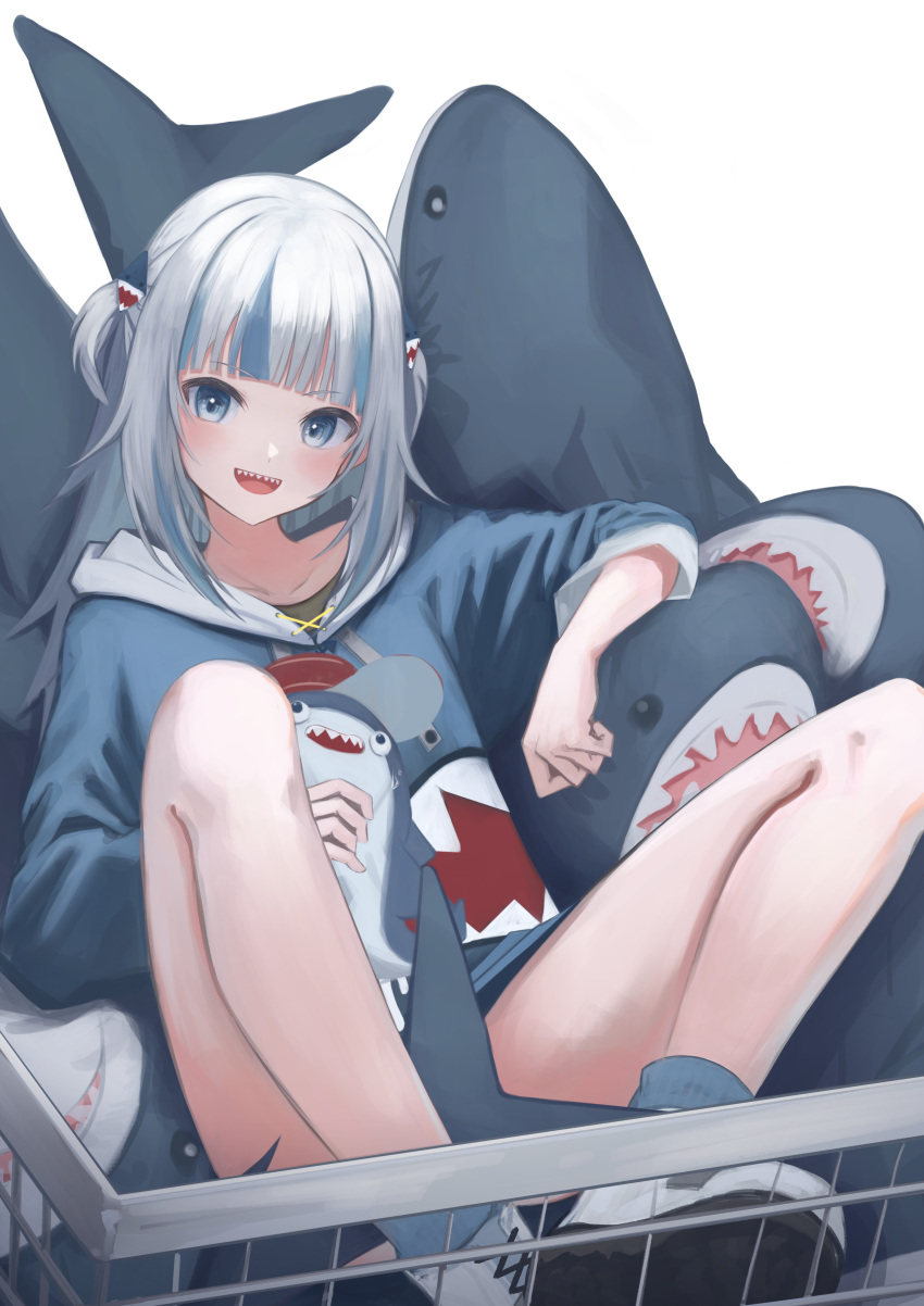 1girl :d absurdres arm_rest awoilo bangs bloop_(gawr_gura) blue_eyes blue_hoodie blunt_bangs blush collarbone eyebrows_visible_through_hair flat_chest gawr_gura gradient_clothes hair_ornament highres hololive hololive_english hood hoodie knees_up long_hair looking_at_viewer looking_up lying multicolored_hair on_back open_mouth shark shark_hair_ornament sharp_teeth silver_hair simple_background sitting sleeves_past_elbows smile solo streaked_hair stuffed_animal stuffed_shark stuffed_toy sweat teeth two_side_up v-shaped_eyebrows virtual_youtuber white_background