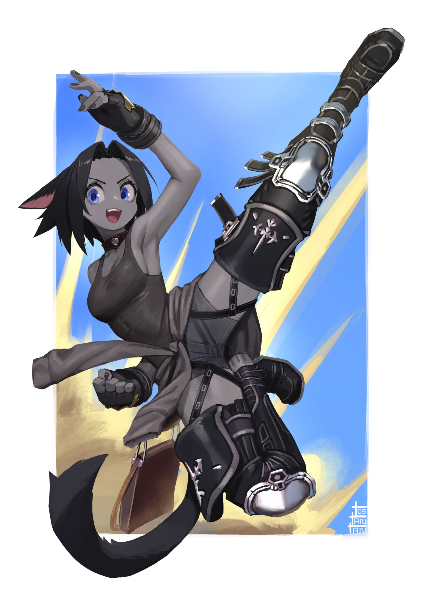 1girl absurdres animal_ears bag black_hair blue_eyes boots character_request choker clothes_around_waist colored_skin final_fantasy final_fantasy_xiv fingerless_gloves flying_kick gloves grey_skin highres kicking knee_pads looking_at_viewer original shirt shirt_around_waist short_hair shorts signature solo tail tank_top thigh-highs thigh_boots tostantan