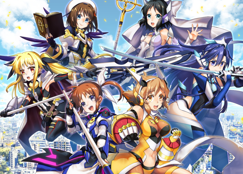 6+girls :d amatsuki_colors apron armor armored_dress armored_skirt bangs bardiche belt beret black_dress black_eyes black_gloves black_hair black_legwear black_ribbon black_wings blonde_hair blue_eyes blue_gloves blue_hair blue_legwear blue_leotard bodysuit book bracer breasts brown_belt brown_eyes brown_hair cape capelet clothing_cutout clouds cloudy_sky commentary_request crossover day dress elbow_gloves fate_testarossa feathered_wings fighting_stance fingerless_gloves floating gauntlets gloves hair_ornament hair_ribbon hand_on_own_chin hat headgear holding holding_book holding_staff holding_sword holding_weapon jacket juliet_sleeves kazanari_tsubasa kohinata_miku leaning_forward leg_up leotard long_hair long_sleeves looking_at_viewer lyrical_nanoha magical_girl mahou_shoujo_lyrical_nanoha_detonation medium_breasts medium_hair multiple_girls navel navel_cutout open_mouth orange_bodysuit outdoors partial_commentary puffy_sleeves raising_heart red_capelet red_eyes ribbon schwertkreuz senki_zesshou_symphogear short_dress sidelocks sky sleeveless sleeveless_dress smile staff sword tachibana_hibiki_(symphogear) takamachi_nanoha thigh-highs tome_of_the_night_sky twintails two-sided_cape two-sided_fabric veil very_long_hair waist_apron waving weapon white_cape white_headwear white_jacket white_ribbon wings x_hair_ornament yagami_hayate yellow_gloves