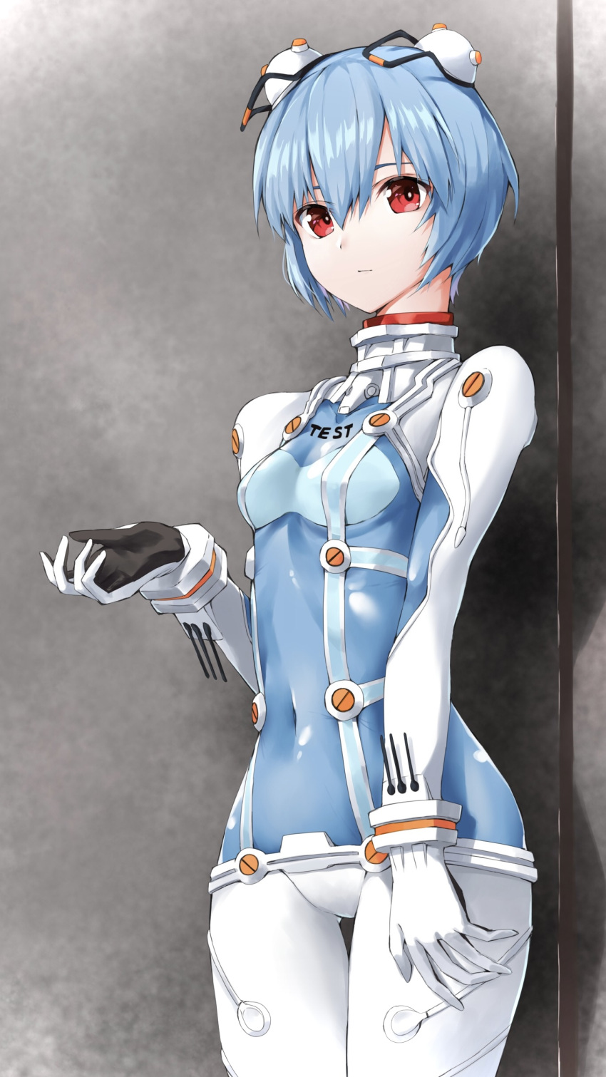 1girl absurdres ayanami_rei blue_hair bodysuit breasts covered_navel cowboy_shot expressionless hair_between_eyes hand_up headgear highres hip_focus looking_at_viewer marie_(pixiv31942978) neon_genesis_evangelion plugsuit red_eyes short_hair skin_tight small_breasts solo standing test_plugsuit thighs