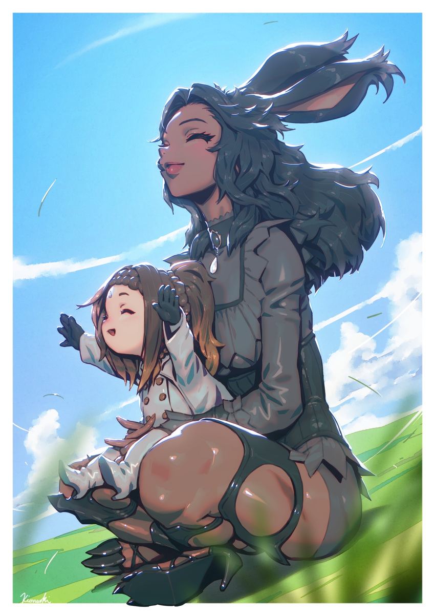 2girls amulet animal_ears animal_shoes arms_around_waist bangs black_hair blurry_foreground border braid brooch brown_hair closed_eyes clouds corset dark_skin dark-skinned_female dutch_angle eyelashes final_fantasy final_fantasy_xiv french_braid gloves grass happy high_heels highres horizon indian_style jewelry kio_naoki lalafell lips lipstick long_hair makeup multiple_girls muscular muscular_female open_mouth parted_bangs ponytail rabbit_ears shorts sidelocks signature sitting sitting_on_lap sitting_on_person size_difference sky smile very_dark_skin viera wind