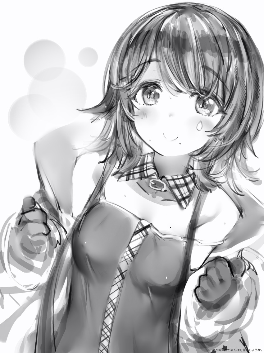 1girl bare_shoulders blush breasts coat copyright_request covered_nipples dress facial_mark gloves greyscale highres long_sleeves looking_at_viewer medium_breasts medium_hair monochrome nanashi_(nlo) open_clothes open_coat smile solo upper_body