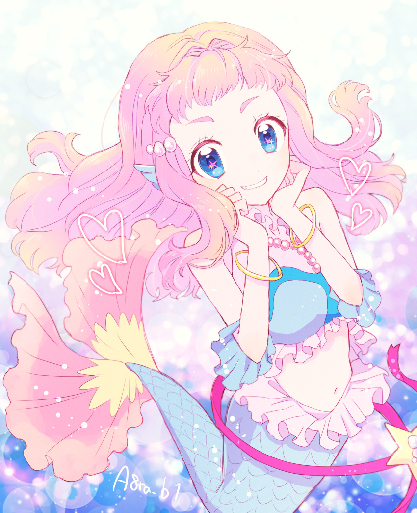 1girl artist_name blue_eyes bracelet clenched_teeth commentary_request head_fins heart highres ibara_(yumekui317) jewelry laura_(precure) looking_at_viewer mermaid monster_girl navel pink_hair precure short_hair smile solo star-shaped_pupils star_(symbol) symbol-shaped_pupils teeth tropical-rouge!_precure