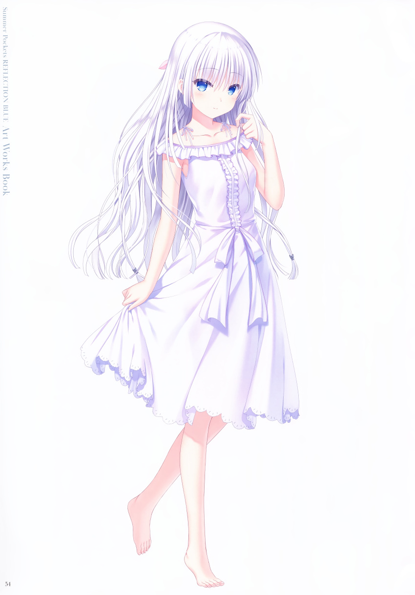 1girl absurdres bangs barefoot blue_eyes closed_mouth collarbone copyright_name dress eyebrows_visible_through_hair full_body hair_between_eyes highres long_hair na-ga naruse_shiroha page_number ribbon silver_hair simple_background sleeveless sleeveless_dress solo standing summer_pockets sundress very_long_hair white_background white_dress white_ribbon