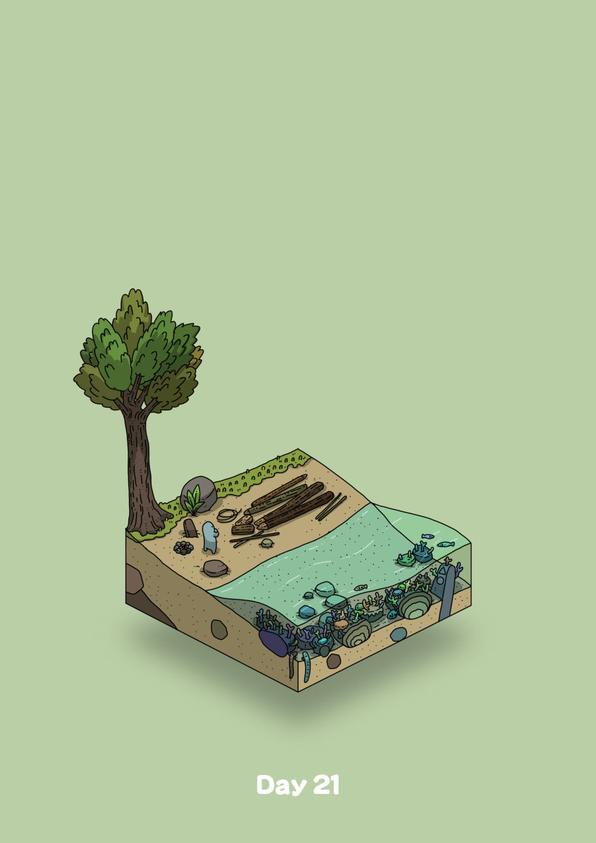 absurdres beach boulder campfire commentary_request coral diorama fish gozz green_background highres isometric log ocean original rope tree