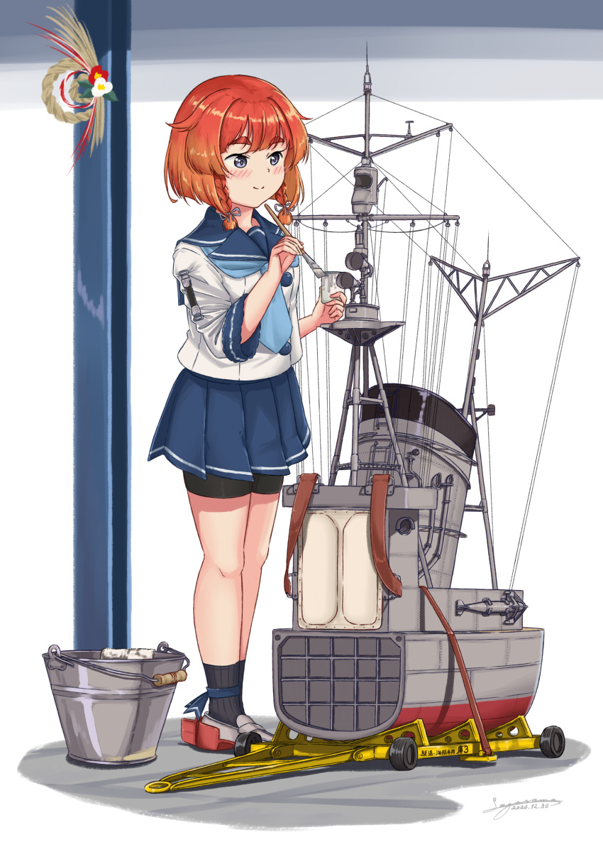 1girl absurdres bike_shorts blonde_hair blue_neckwear blue_ribbon blue_sailor_collar blue_skirt bob_cut braid bucket etorofu_(kantai_collection) full_body gloves gradient_hair highres kantai_collection long_sleeves machinery multicolored_hair neckerchief paintbrush painting pleated_skirt redhead ribbon rigging sagoromo_04 sailor_collar school_uniform serafuku shorts shorts_under_skirt side_braid skirt solo thick_eyebrows twin_braids violet_eyes white_gloves