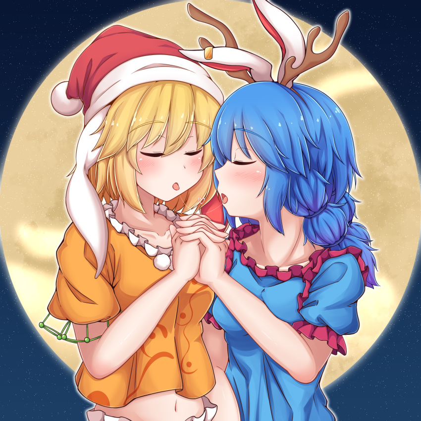 2girls after_kiss alternate_headwear animal_ears antlers arm_up bangs blonde_hair blue_dress blue_hair blush collarbone commentary dress ear_clip eyebrows_visible_through_hair facing_another floppy_ears full_moon hat heart highres holding_hands interlocked_fingers low_twintails midriff moon multiple_girls navel night orange_shirt outdoors puffy_short_sleeves puffy_sleeves rabbit_ears reindeer_antlers ringo_(touhou) saliva saliva_trail santa_hat seiran_(touhou) shirt short_hair short_sleeves siw0n standing tongue tongue_out touhou twintails upper_body yuri