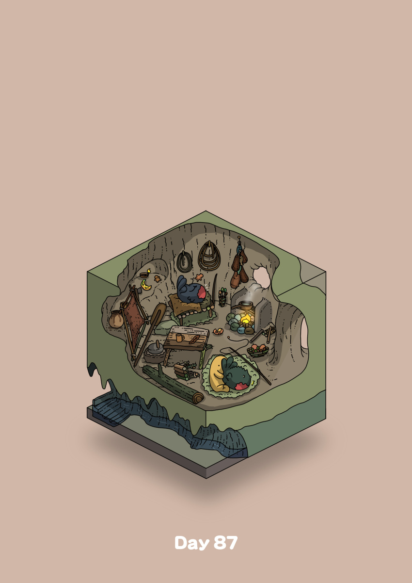 absurdres animal animal_hug bed boiling bowl campfire cave commentary_request cup diorama feathers fishing_rod gozz highres isometric leather log lying on_back original pot rope stairs steam table window