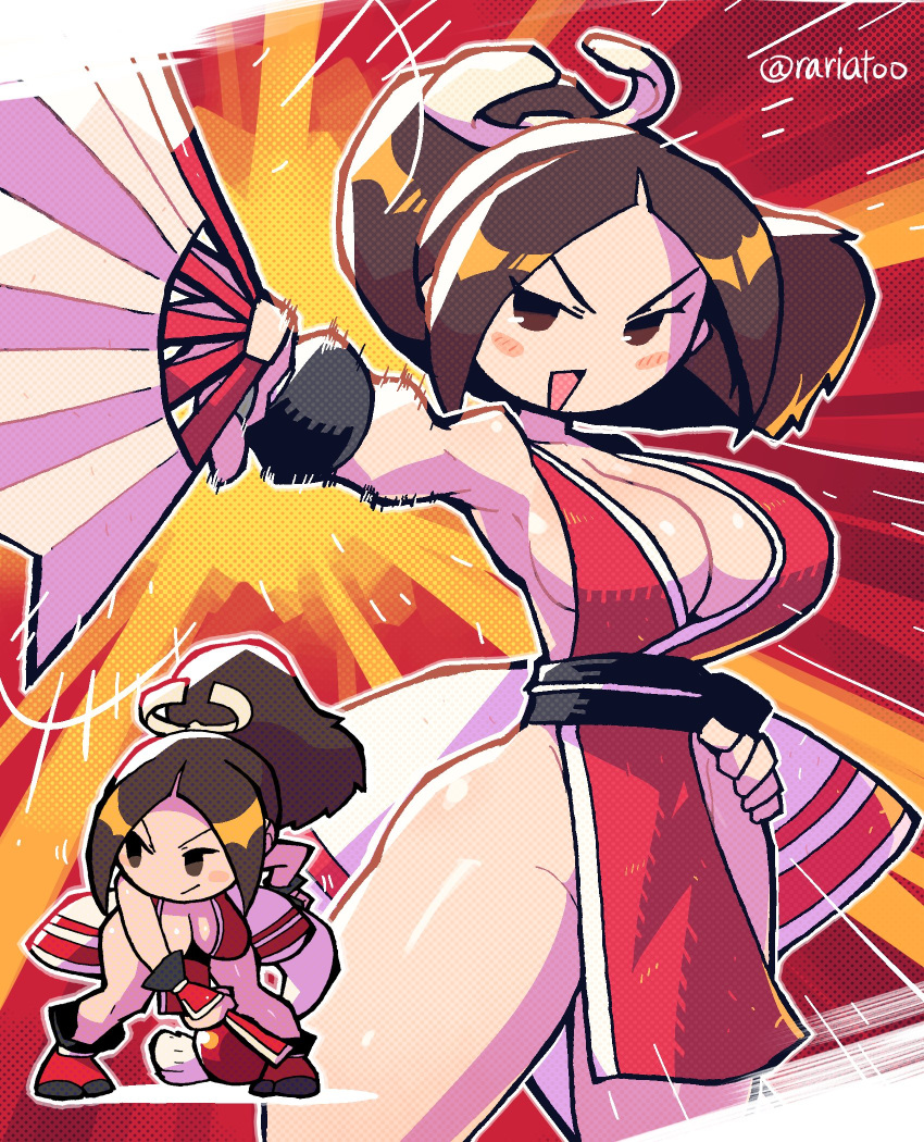 1girl :d black_sash blush_stickers breasts brown_eyes brown_hair chibi cowboy_shot dress fan fatal_fury folding_fan halftone hand_on_hip highres holding holding_fan large_breasts leaning_forward looking_at_viewer multiple_views open_mouth pelvic_curtain ponytail rariatto_(ganguri) red_dress revealing_clothes sash shiranui_mai sleeveless sleeveless_dress smile the_king_of_fighters twitter_username