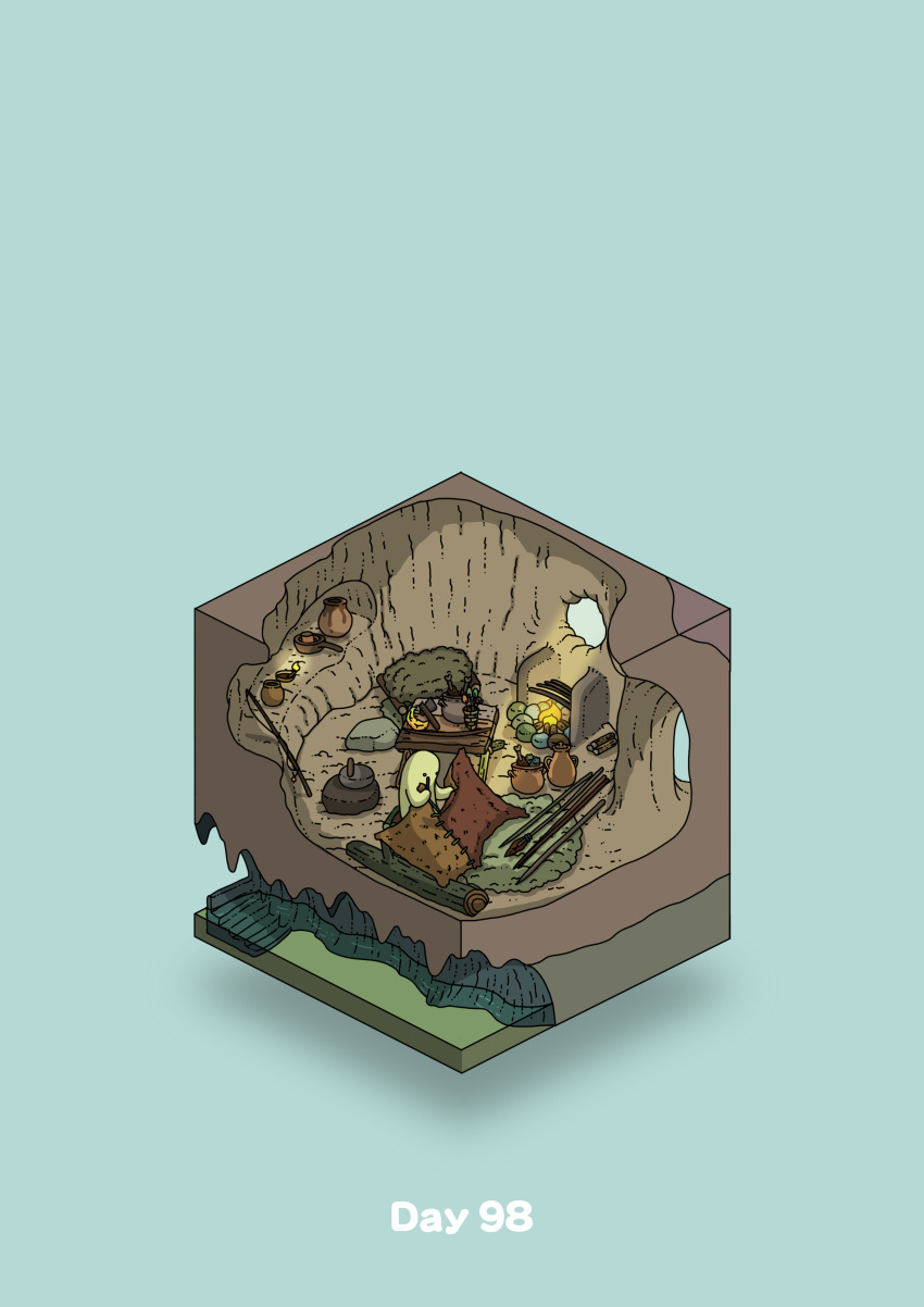absurdres blue_background cave commentary_request diorama fireplace gozz highres isometric jewelry lamp leather mortar original pestle polearm pot spear stairs stitching table weapon