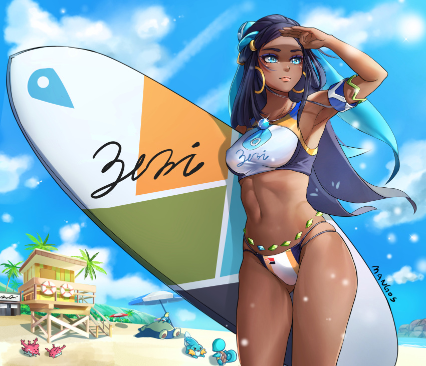 1girl absurdres aqua_eyes aqua_hair armlet armpits artist_name ass_visible_through_thighs beach beach_umbrella belly_chain bikini blue_hair blue_sky breasts clouds commentary corsola covered_nipples dark_skin day earrings english_commentary gen_1_pokemon gen_2_pokemon gen_3_pokemon gen_8_pokemon gym_leader hair_bun highres hoop_earrings jewelry lifebuoy lifeguard_tower long_hair looking_ahead makeup mudkip multi-strapped_bikini multicolored_hair navel necklace nessa nessa_(pokemon) ocean outdoors palm_tree pendant pokemon pokemon_(creature) pokemon_(game) pokemon_swsh sand signature sky snorlax sobble stairs standing surfboard swimsuit tankini tree two-tone_hair umbrella washout008 water