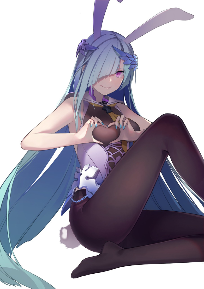 animal_ears aqua_hair bare_shoulders blue_nails bunny_tail chain closed_mouth copyright_request fake_animal_ears fake_tail fingernails hair_over heart heart_hand highres long_fingernails long_hair no_shoes qiongsheng rabbit_ears simple_background smile tail very_long_hair violet_eyes white_background