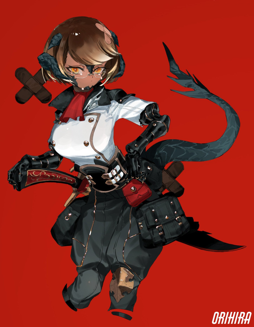 1girl artist_name ascot bandaid bandaid_on_head black_gloves black_pants breasts brown_hair cropped_legs glasses gloves highres horns looking_at_viewer medium_breasts monster_girl orange_eyes original orihira pants red_background red_neckwear shirt short_hair simple_background solo tail white_shirt