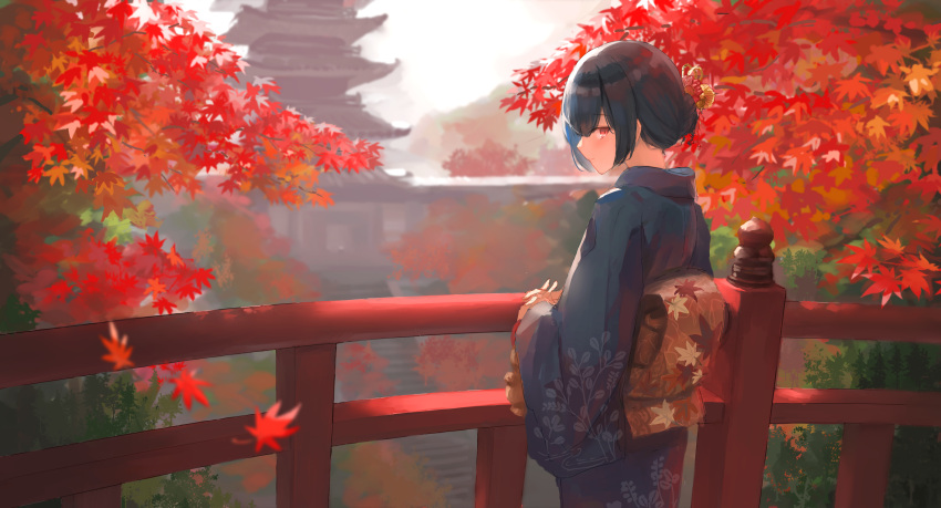 1girl absurdres architecture autumn_leaves bangs blue_kimono blush bridge closed_mouth colored_inner_hair east_asian_architecture falling_leaves flower hair_flower hair_ornament highres idolmaster idolmaster_shiny_colors japanese_clothes kimono leaf leaf_print long_sleeves looking_at_viewer looking_back madogiwa_(ran5) morino_rinze multicolored_hair obi outdoors red_eyes red_flower sash scenery shiny shiny_hair short_hair smile solo wide_sleeves