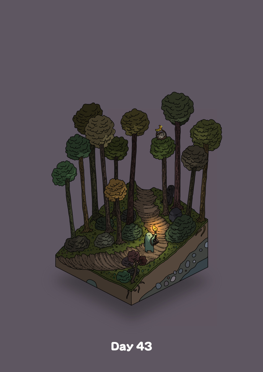 absurdres arm_up banana carrying commentary_request diorama food forest fruit gozz highres holding holding_food holding_fruit in_tree isometric log monkey nature night original purple_background sparkle torch tree walking