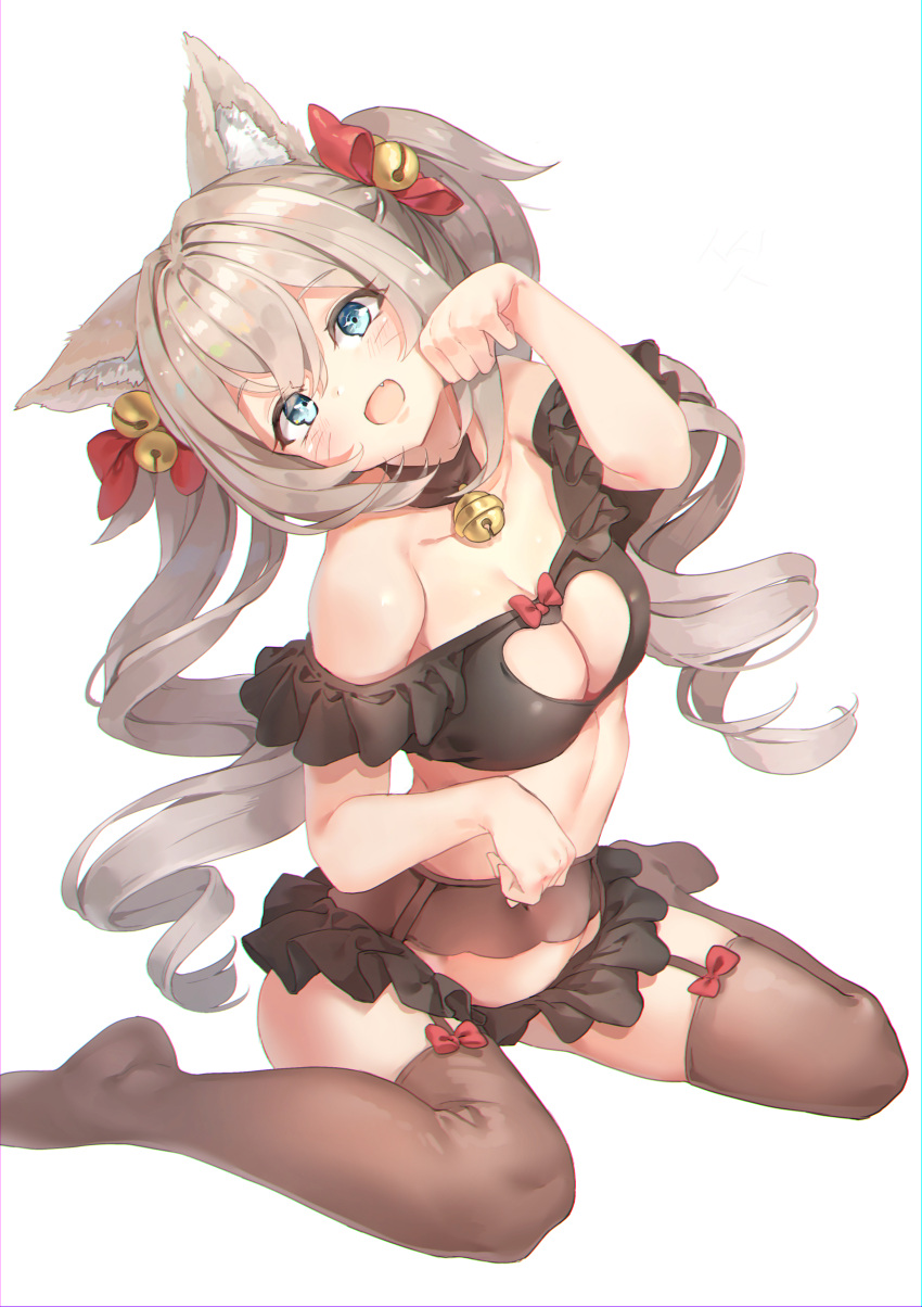 1girl absurdres animal_ears barbara_(genshin_impact) bare_shoulders bbeennoodle bell bell_choker black_legwear blonde_hair blue_eyes blush brown_legwear cat_ears choker cleavage_cutout clothing_cutout drill_hair fang garter_belt genshin_impact head_tilt highres lingerie long_hair looking_at_viewer microskirt open_mouth paw_pose pleated_skirt sitting skirt solo thigh-highs twin_drills underwear wariza whisker_markings white_background