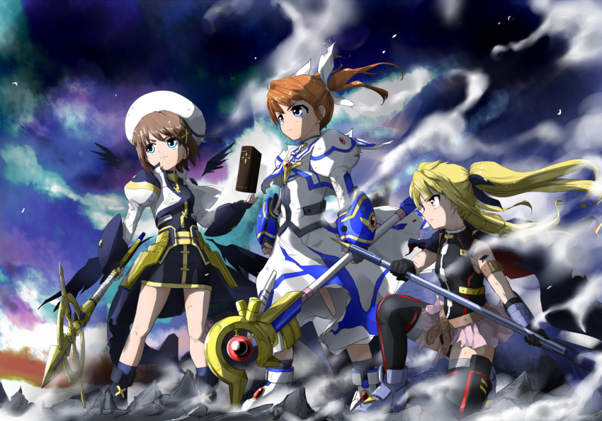 3girls armor armored_dress ban_(777purin) bangs bardiche belt beret black_cape black_dress black_footwear black_gloves black_legwear black_leotard black_ribbon black_wings blonde_hair blue_eyes boots bracelet brown_belt brown_hair cape capelet closed_eyes clouds cloudy_sky commentary debris denim dress fate_testarossa feathered_wings fingerless_gloves frown gloves greaves grey_footwear hair_ornament hair_ribbon hat holding holding_staff holding_weapon jacket jeans jewelry juliet_sleeves leotard long_dress long_hair long_sleeves looking_to_the_side lyrical_nanoha magical_girl mahou_shoujo_lyrical_nanoha mahou_shoujo_lyrical_nanoha_a's mahou_shoujo_lyrical_nanoha_the_movie_2nd_a's miniskirt multiple_girls multiple_wings night night_sky one_knee pants pink_skirt pleated_skirt poleaxe puffy_sleeves raising_heart red_capelet red_eyes ribbon schwertkreuz short_dress skirt sky sleeveless smoke socks staff standing takamachi_nanoha thigh-highs tome_of_the_night_sky torn_clothes torn_dress torn_jeans torn_pants twintails two-sided_fabric waist_cape weapon white_dress white_footwear white_headwear white_jacket white_ribbon wind wings x_hair_ornament yagami_hayate