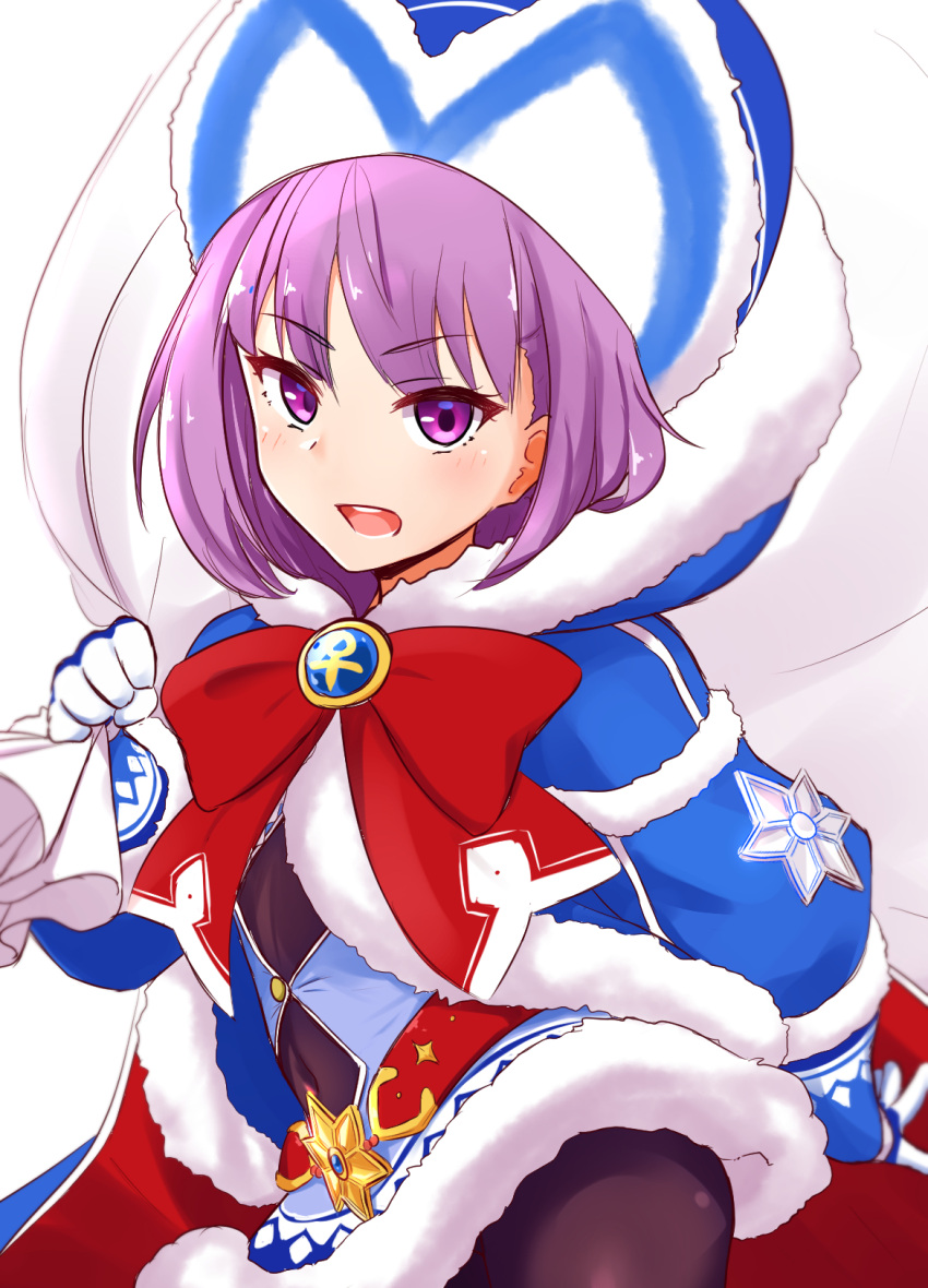 1girl ankh badge bangs beanie black_legwear blue_coat blue_dress blue_gloves blue_headwear bow breasts coat donutman dress fate/grand_order fate/grand_order_arcade fate_(series) fur-trimmed_coat fur-trimmed_dress fur_trim gloves hat helena_blavatsky_(christmas)_(fate) helena_blavatsky_(fate/grand_order) highres large_bow long_sleeves looking_at_viewer open_mouth pantyhose purple_hair red_bow sack short_hair small_breasts violet_eyes