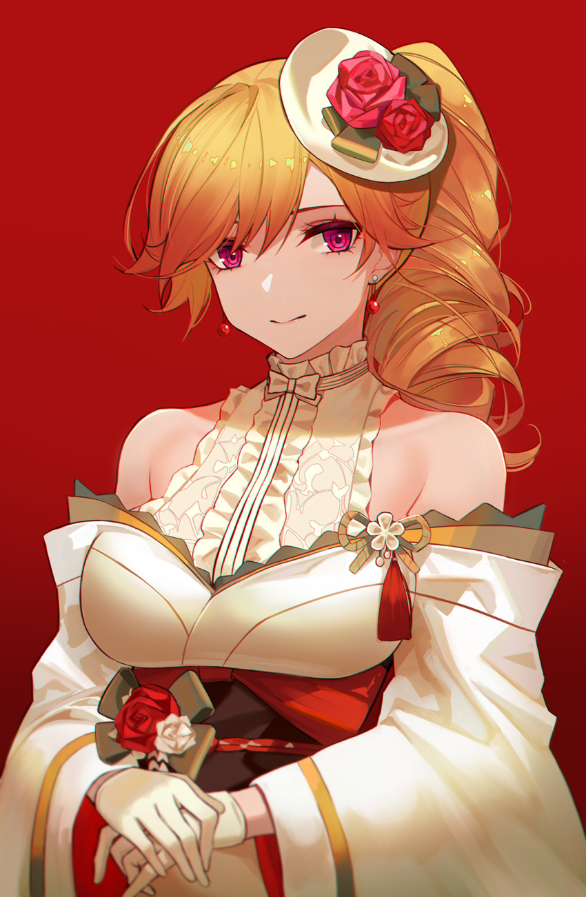 1girl azur_lane bangs bare_shoulders breasts center_frills closed_mouth collarbone earrings eternity_(shadeh) flower frills gloves gradient gradient_background hat hat_flower hat_ornament highres japanese_clothes jewelry kimono long_hair looking_at_viewer medium_breasts mini_hat obi off_shoulder open_clothes open_kimono orange_hair own_hands_together pink_eyes ponytail red_background red_flower red_rose richelieu_(azur_lane) rose sash smile solo swept_bangs underbust white_gloves white_headwear white_kimono