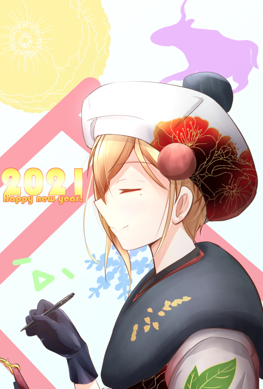 1girl 2021 black_gloves black_kimono blonde_hair closed_eyes commentary_request floral_print fur-trimmed_kimono fur_trim gloves happy_new_year highres japanese_clothes kantai_collection kimono manjukannon mole mole_under_eye mole_under_mouth new_year official_alternate_costume richelieu_(kantai_collection) smile solo upper_body white_headwear