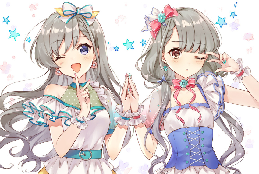 2girls ;d ;o asymmetrical_sleeves bangs blue_eyes blunt_bangs bow braid brown_eyes clothing_cutout commentary dress earrings eyebrows_visible_through_hair floral_background frilled_cuffs frilled_sleeves frills green_nails grey_hair hair_bow hands_together hisakawa_hayate hisakawa_nagi idol idolmaster idolmaster_cinderella_girls iku2727 jewelry long_hair looking_at_viewer low_twintails multiple_girls nail_polish neck_ribbon one_eye_closed open_mouth parted_lips pink_bow pink_nails pink_ribbon pose ribbon see-through short_sleeves shoulder_cutout siblings sisters smile standing starry_background twins twintails underbust upper_body v w white_bow white_dress