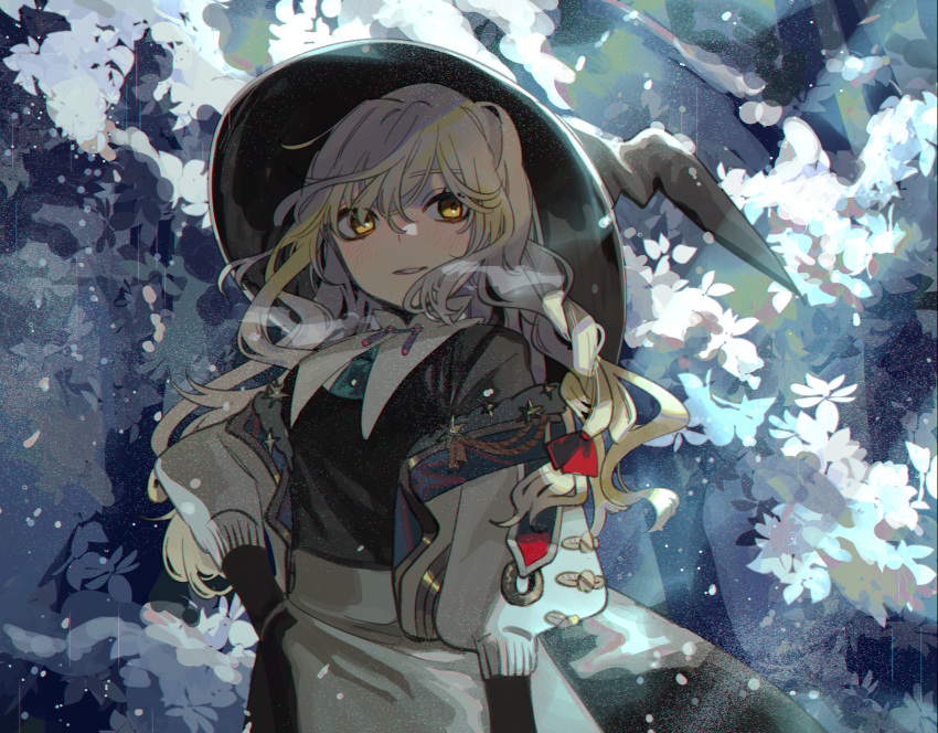 1girl absurdres adapted_costume aiguillette apron black_dress black_gloves black_headwear blonde_hair blush braid commentary dress embellished_costume epaulettes flower gloves glowing glowing_eyes green_neckwear hair_over_eyes hair_ribbon hand_on_hip hat highres kirisame_marisa military military_uniform parted_lips puffy_sleeves red_ribbon ribbon rope shi_chimi side_braid sidelocks single_braid sleeves_past_elbows solo star_(symbol) tassel teeth touhou uniform upper_body waist_apron white_apron witch_hat yellow_eyes