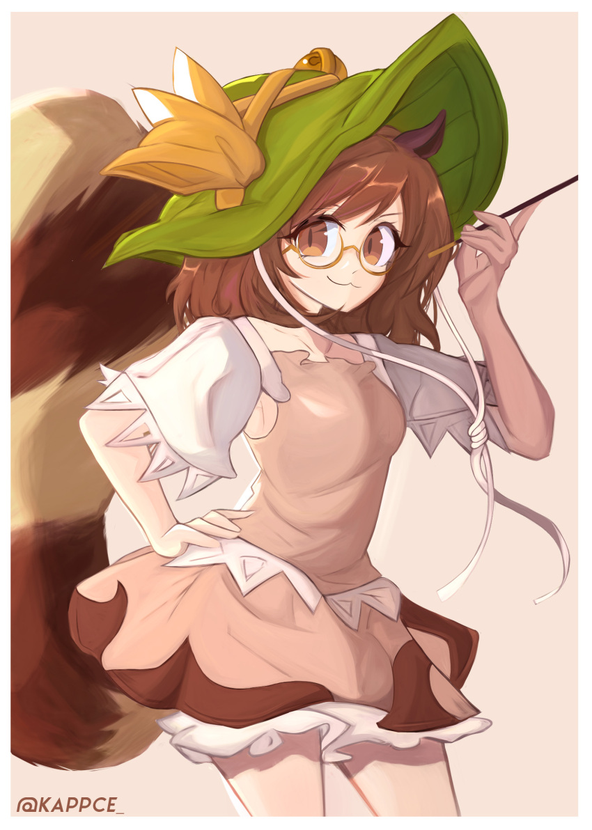 1girl :3 animal_ears artist_name bangs brown_eyes brown_hair closed_mouth dress futatsuiwa_mamizou glasses hand_on_hip highres holding holding_pipe kappce kiseru leaf leaf_on_head looking_at_viewer pink_background pink_dress pipe raccoon_ears raccoon_tail short_hair short_sleeves simple_background solo tail touhou