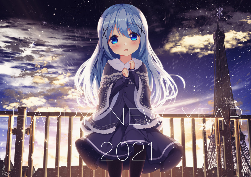 1girl 2021 :d bangs black_dress black_jacket black_legwear blue_eyes blue_hair blush chinomaron clouds cloudy_sky commentary_request dress eyebrows_visible_through_hair fur-trimmed_jacket fur-trimmed_sleeves fur_trim gochuumon_wa_usagi_desu_ka? hair_between_eyes hair_ornament hands_up happy_new_year jacket kafuu_chino long_hair long_sleeves looking_at_viewer new_year open_mouth outdoors pantyhose railing sky sleeves_past_wrists smile solo standing sunset very_long_hair wide_sleeves x_hair_ornament