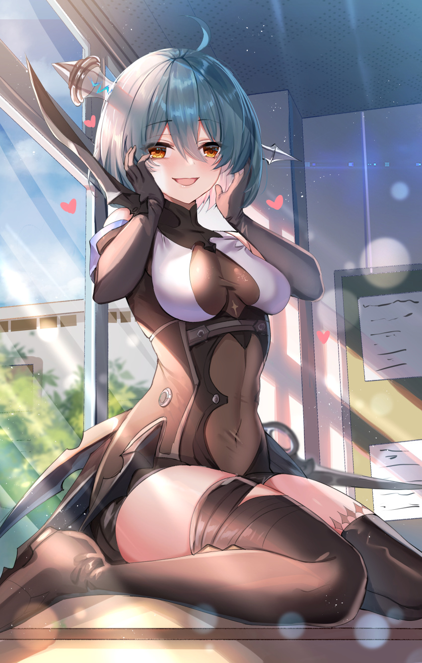 1girl :d absurdres ahoge arms_up bangs bare_shoulders black_footwear black_gloves black_leotard blue_hair blush boots breasts character_request classroom covered_navel day desk elbow_gloves eyebrows_visible_through_hair fingerless_gloves gejigejier gloves hair_between_eyes hair_ornament hands_on_own_cheeks hands_on_own_face heart highres indoors leotard light_rays looking_at_viewer masterwork_apocalypse medium_breasts on_table open_mouth red_eyes school_desk short_hair sitting smile solo sunbeam sunlight table thigh-highs thigh_boots wariza