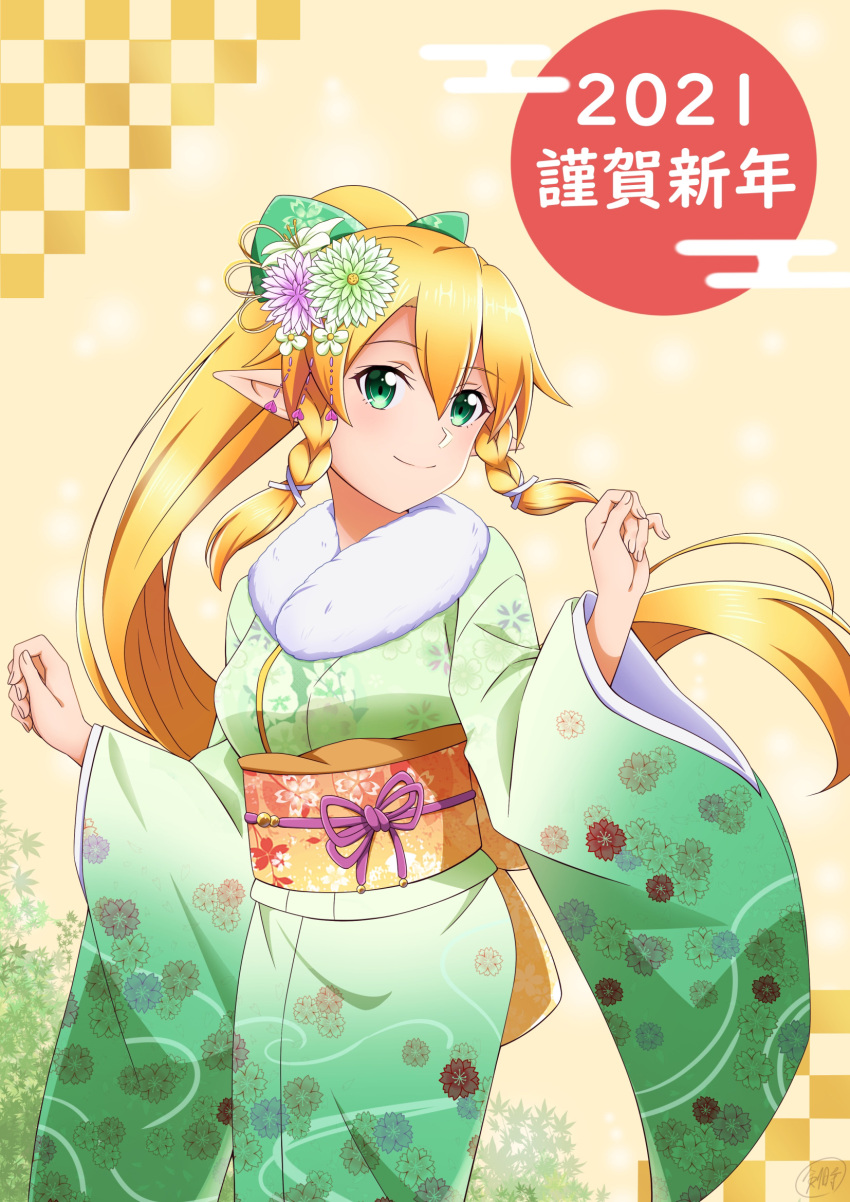 1girl 2021 bangs blonde_hair bow braid breasts commentary_request cowboy_shot floating_hair flower green_bow green_eyes green_kimono hair_between_eyes hair_flower hair_ornament hands_up highres japanese_clothes ken-ji kimono large_breasts leafa long_hair looking_at_viewer nengajou new_year obi pointy_ears ponytail sash side_braid smile solo standing sword_art_online translation_request twin_braids