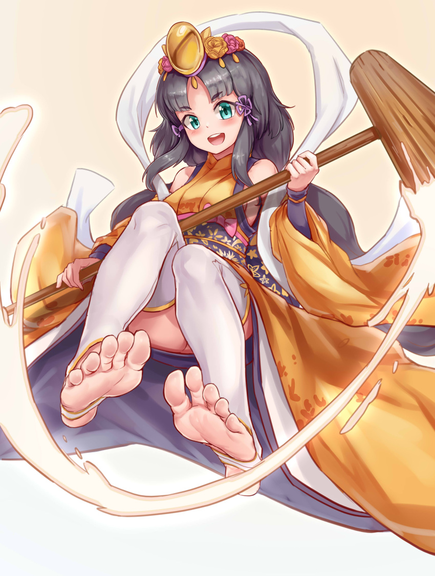 1girl absurdres aomoro bare_shoulders barefoot black_hair branch feet green_eyes hammer heian highres holding holding_hammer japanese_clothes jeweled_branch_of_hourai kaguya_hime karaginu_mo kimono layered_clothing layered_kimono long_hair looking_at_viewer open_mouth puzzle_&amp;_dragons tasuki toes white_legwear