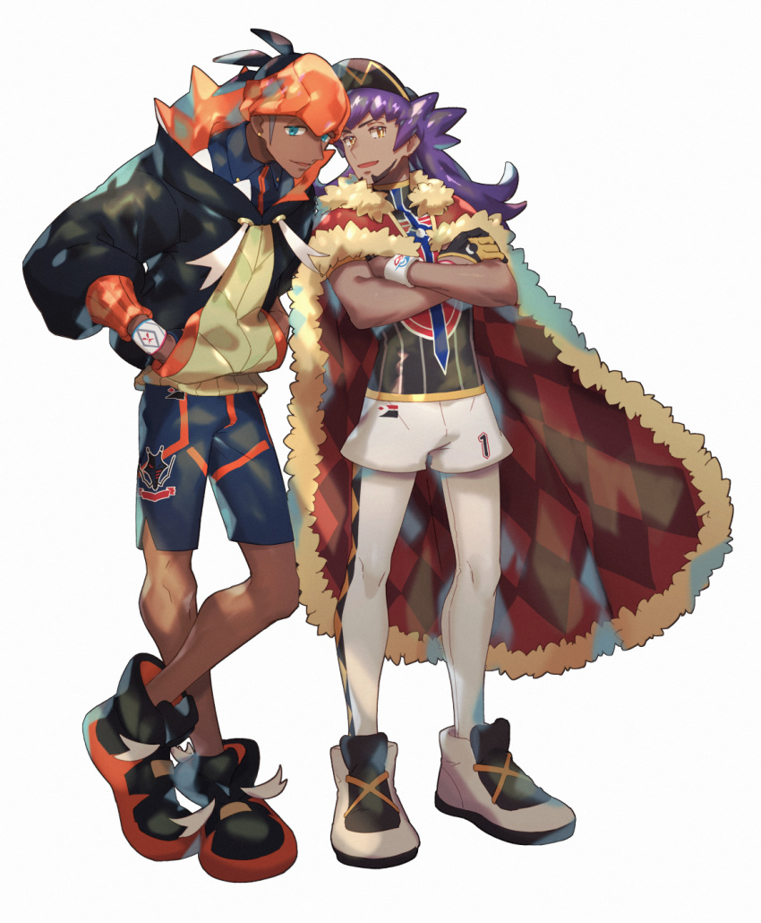 2boys black_hair black_hoodie cape champion_uniform commentary_request crossed_arms dark_skin dark_skinned_male dynamax_band earrings facial_hair fur-trimmed_cape fur_trim gloves gym_leader highres hood hoodie jewelry leon_(pokemon) long_hair male_focus multiple_boys open_mouth orange_headwear pokemon pokemon_(game) pokemon_swsh purple_hair raihan_(pokemon) red_cape shirt shoes shorts side_slit side_slit_shorts smile standing suruga_dbh white_background white_wristband