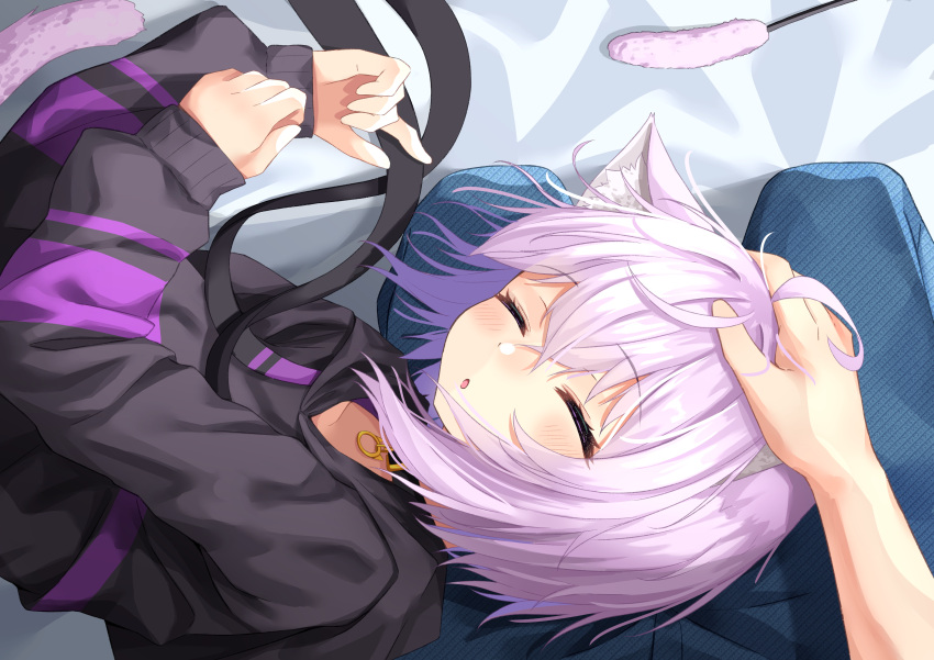 1girl 1other :o absurdres ahoge animal_collar animal_ear_fluff animal_ears bangs black_collar black_hoodie blush cat_ears cat_girl cat_tail closed_eyes collar drawstring eyebrows_visible_through_hair hair_between_eyes hand_on_another's_head highres hololive hood hoodie long_sleeves nekomata_okayu on_bed open_mouth petting pov pov_hands purple_hair short_hair solo_focus starkamisan strap tail virtual_youtuber