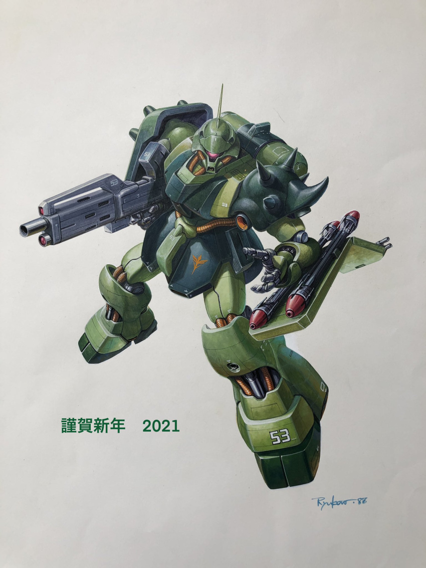 2021 char's_counterattack floating geara_doga gun gundam happy_new_year highres holding holding_gun holding_weapon looking_at_viewer mecha new_year no_humans one-eyed open_hand red_eyes ryukow_masseau science_fiction signature solo weapon white_background zeon