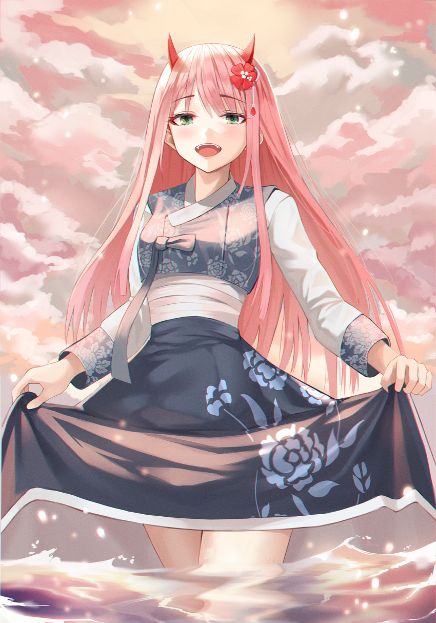 1girl :d bangs blush breasts brown_hair clouds cloudy_sky commentary darling_in_the_franxx fangs floral_print green_eyes hair_ornament hairband hanbok highres horns junkt729 korean_clothes long_hair long_sleeves looking_at_viewer oni_horns open_mouth pink_hair sky smile solo wading zero_two_(darling_in_the_franxx)