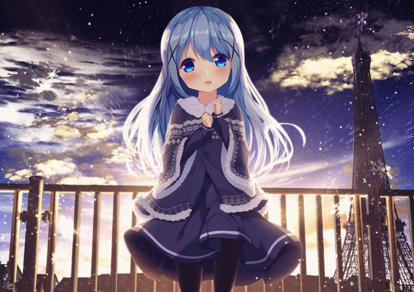 1girl :d bangs black_dress black_jacket black_legwear blue_eyes blue_hair blush chinomaron clouds cloudy_sky dress eyebrows_visible_through_hair fur-trimmed_jacket fur-trimmed_sleeves fur_trim gochuumon_wa_usagi_desu_ka? hair_between_eyes hair_ornament hands_up jacket kafuu_chino long_hair long_sleeves looking_at_viewer open_mouth outdoors pantyhose railing sky sleeves_past_wrists smile solo standing sunset very_long_hair wide_sleeves x_hair_ornament