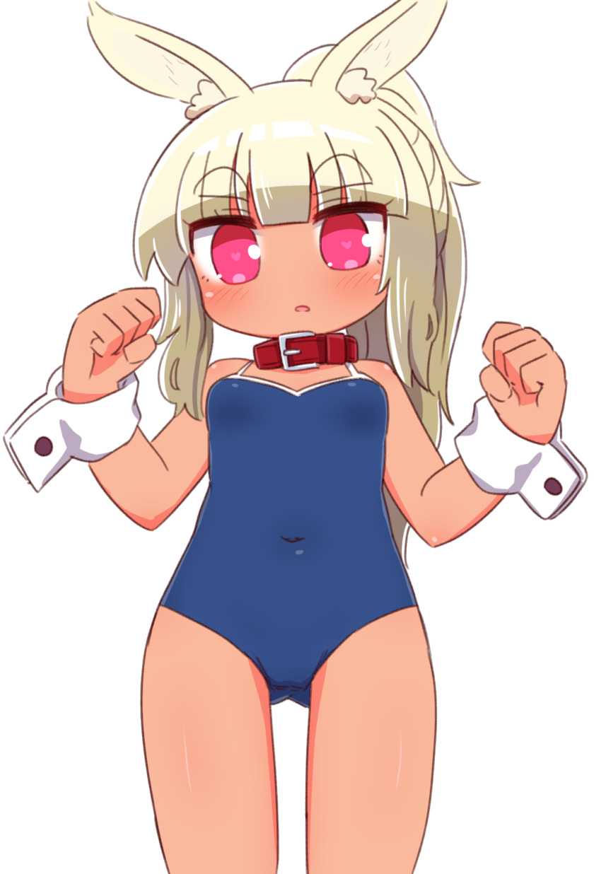 1girl animal_ear_fluff animal_ears ass_visible_through_thighs bangs bare_shoulders blonde_hair blue_swimsuit blush breasts collar covered_navel dark_skin eyebrows_visible_through_hair heart heart-shaped_pupils high_ponytail highres long_hair looking_at_viewer masurao_(sekaiju) naga_u one-piece_swimsuit parted_lips pink_eyes ponytail rabbit_ears red_collar sekaiju_no_meikyuu sekaiju_no_meikyuu_5 short_eyebrows sidelocks simple_background small_breasts solo standing swimsuit symbol-shaped_pupils thick_eyebrows white_background wrist_cuffs