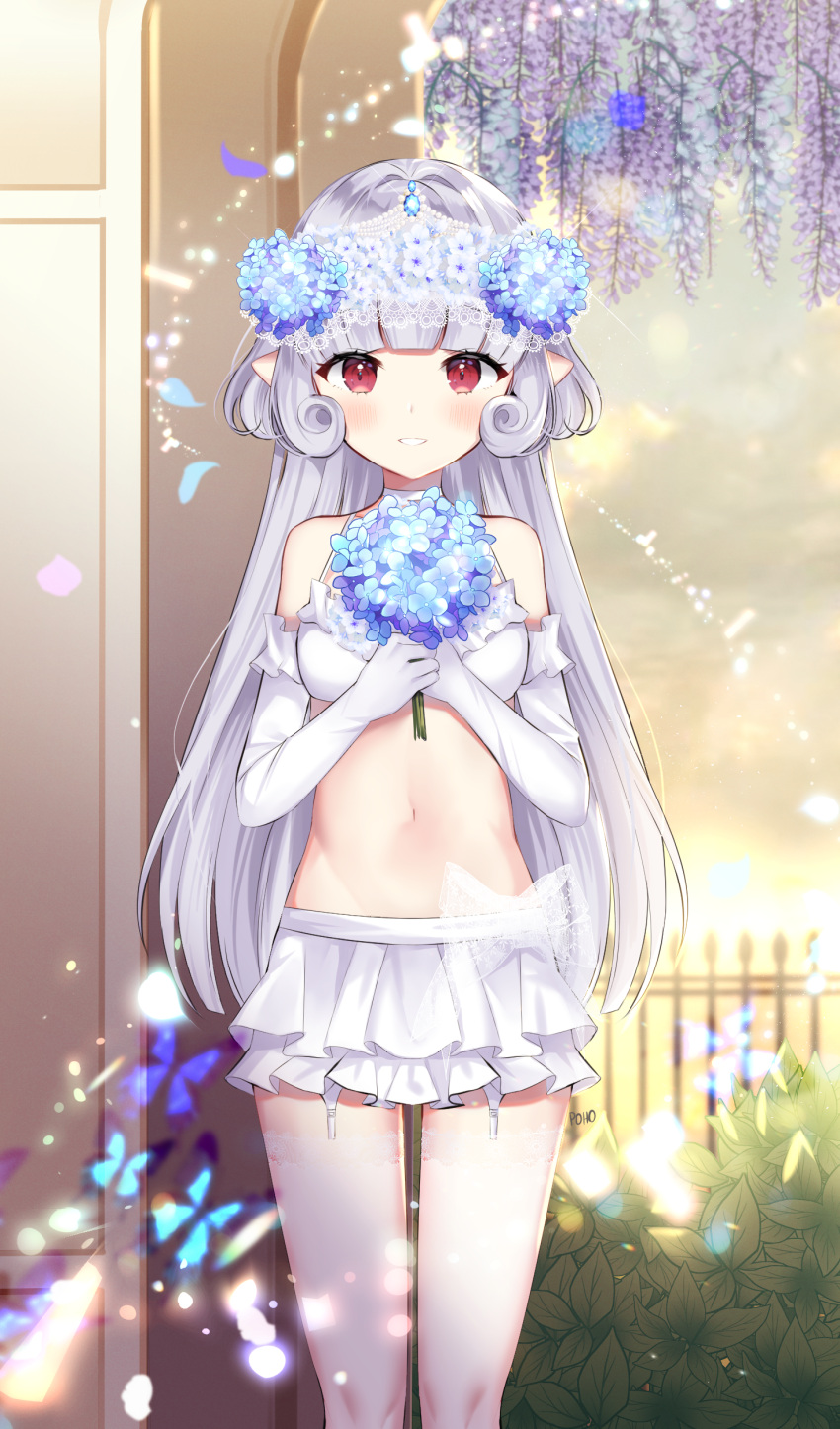1girl absurdres bare_shoulders blue_flower bouquet breasts bug butterfly choker commission crop_top curly_hair dungeon_and_fighter elbow_gloves flower garter_straps gloves hands_on_own_chest head_wreath highres holding insect layered_skirt long_hair looking_at_viewer medium_breasts midriff miniskirt navel parted_lips poho pointy_ears red_eyes shirt sidelocks silver_hair skirt sleeveless sleeveless_shirt smile solo spaghetti_strap standing stomach thigh-highs thighs wedding white_choker white_gloves white_legwear white_shirt white_skirt wisteria zettai_ryouiki