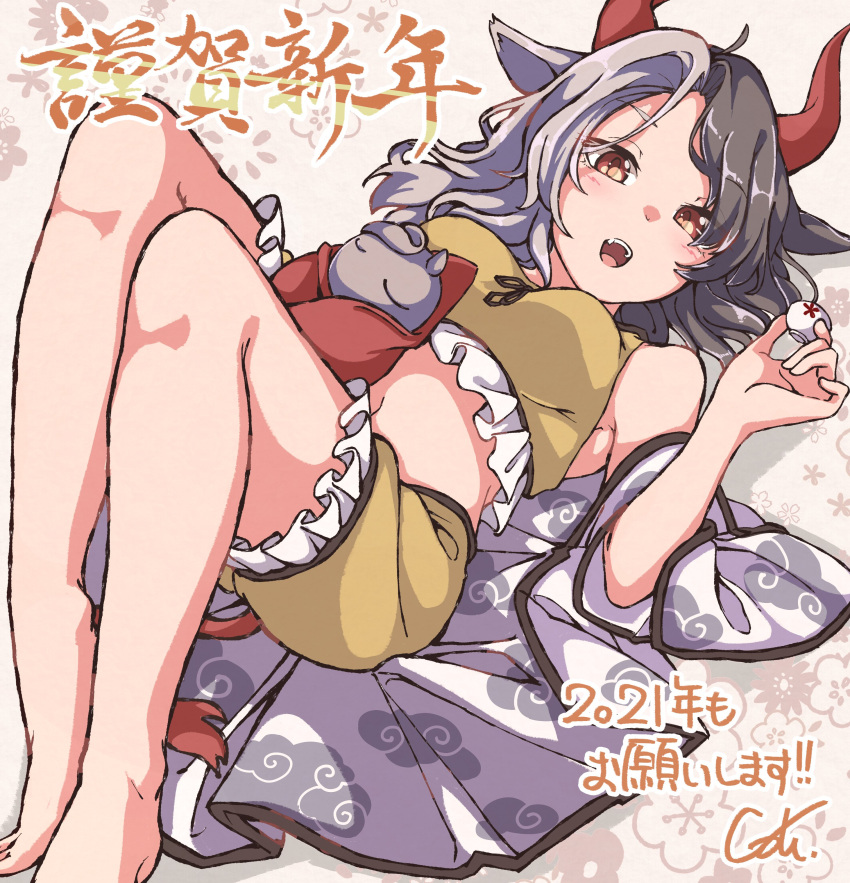 1girl 2021 absurdres animal_ears animal_print black_hair cow_ears cow_girl cow_horns cow_print cow_tail frilled_shorts frills gokuu_(acoloredpencil) haori highres horns japanese_clothes looking_at_viewer multicolored_hair pants red_eyes red_horns short_hair shorts solo tail touhou translation_request two-tone_hair ushizaki_urumi yellow_pants yellow_shorts