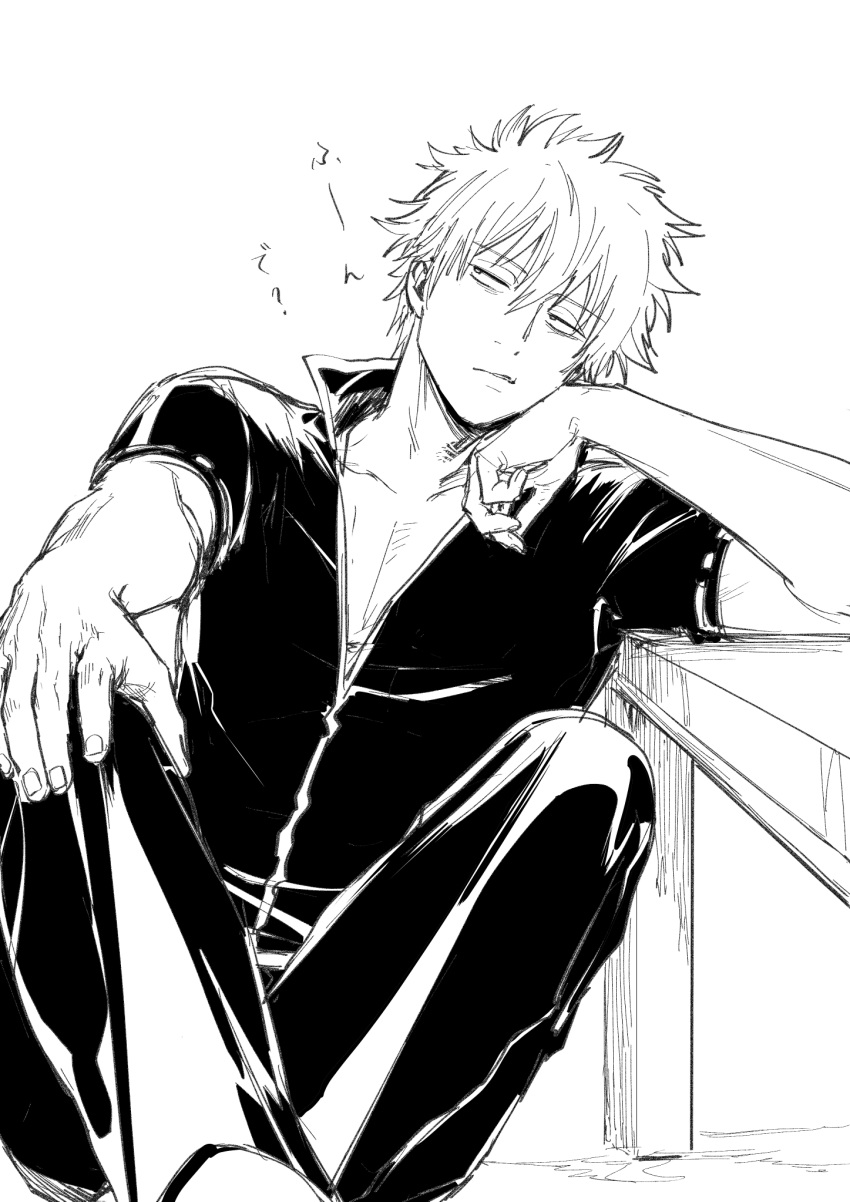 1boy bangs collarbone eyebrows_visible_through_hair feet_out_of_frame gintama greyscale hair_between_eyes half-closed_eyes hand_on_own_knee highres knees_up leaning_to_the_side looking_away looking_to_the_side male_focus monochrome pants parted_lips sakata_gintoki short_sleeves simple_background sitting solo table uraki_(tetsu420) white_background