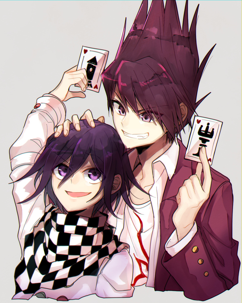 2boys :d argyle argyle_background arm_up bangs black_hair card checkered checkered_background checkered_scarf collarbone commentary_request cropped_torso dangan_ronpa_(series) dangan_ronpa_v3:_killing_harmony facial_hair goatee grey_background grin hair_between_eyes hand_on_another's_head hands_up highres holding holding_card jacket kitsunebi_v3kokonn long_sleeves male_focus momota_kaito multiple_boys open_clothes open_mouth open_shirt ouma_kokichi pink_jacket playing_card print_shirt purple_hair scarf shirt simple_background smile spiky_hair straitjacket upper_body violet_eyes white_shirt