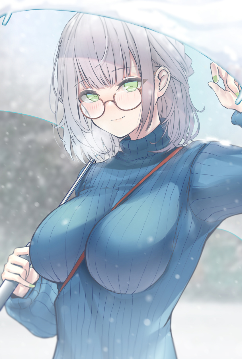 1girl between_breasts blue_sweater blush breasts brown-framed_eyewear closed_mouth commentary_request eyebrows_visible_through_hair glasses green_eyes highres holding holding_umbrella hololive large_breasts looking_at_viewer ribbed_sweater semi-rimless_eyewear shirogane_noel short_hair smile snow solo sweater terebi_(shimizu1996) turtleneck turtleneck_sweater umbrella under-rim_eyewear virtual_youtuber white_hair