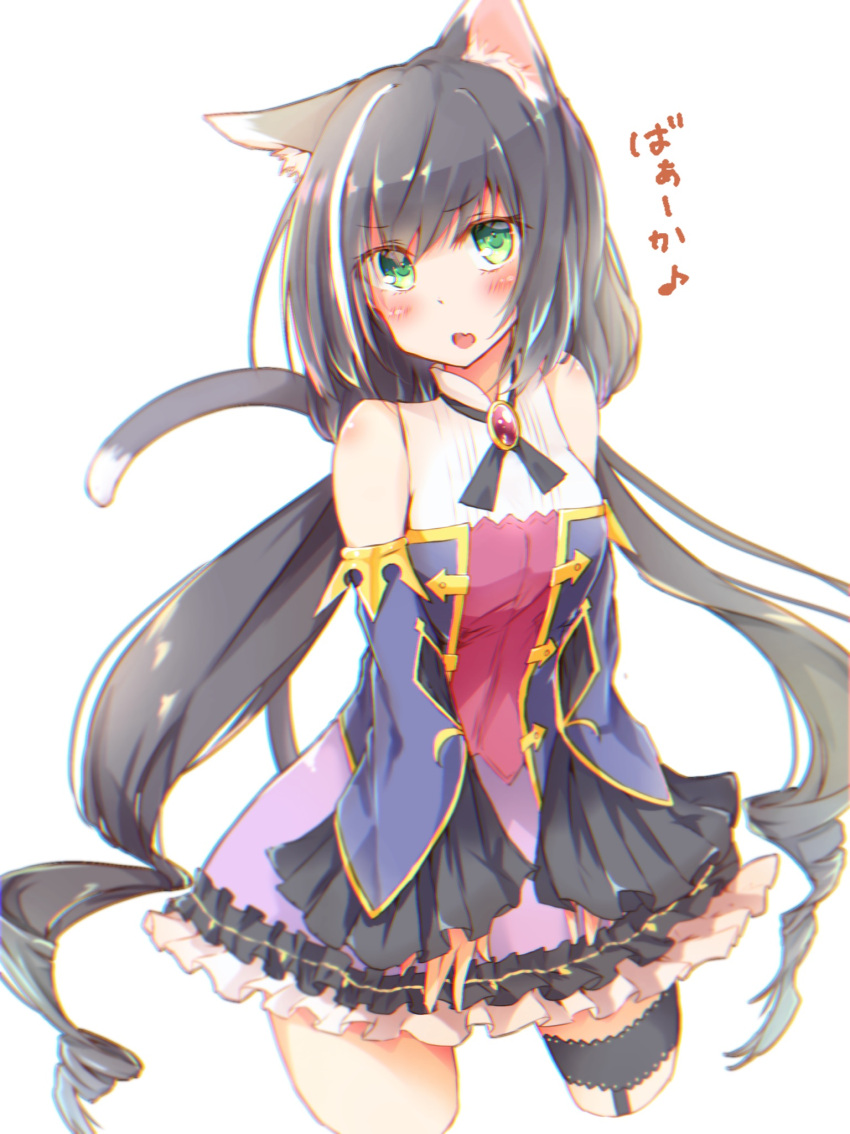 1girl :o animal_ear_fluff animal_ears bangs bare_shoulders black_hair blue_sleeves blush breasts cat_ears cat_girl cat_tail commentary_request cropped_legs detached_sleeves eyebrows_visible_through_hair fang frilled_skirt frills green_eyes hair_between_eyes highres karyl_(princess_connect!) long_hair long_sleeves looking_at_viewer low_twintails multicolored_hair open_mouth princess_connect! princess_connect!_re:dive purple_skirt ringlets rinrin_(927413) shirt simple_background skirt sleeveless sleeveless_shirt sleeves_past_wrists small_breasts solo streaked_hair tail translation_request twintails very_long_hair white_background white_hair white_shirt wide_sleeves