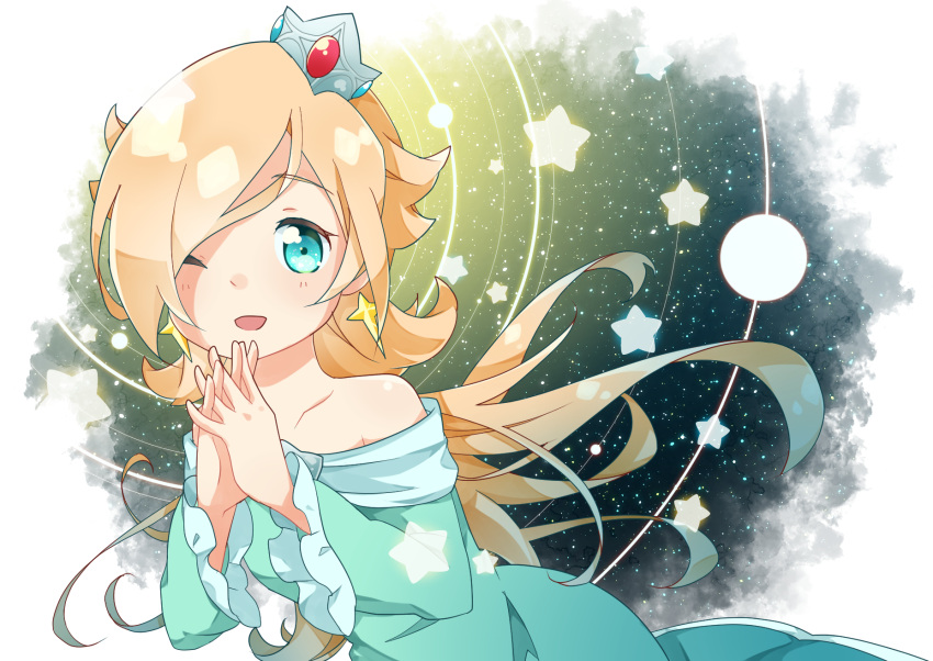 blonde_hair blue_dress blue_eyes collarbone crown dress earrings hair_over_one_eye hands_together highres jewelry long_hair looking_at_viewer super_mario_bros. megitti one_eye_closed rosalina sky smile star_(sky) star_(symbol) star_earrings starry_background starry_sky strapless strapless_dress super_mario_galaxy