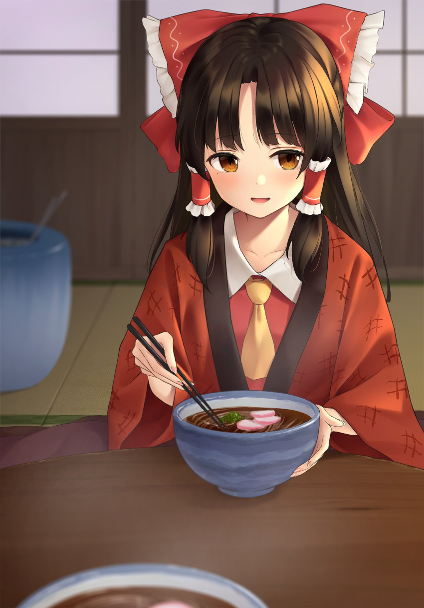 1girl adapted_costume ascot bangs black_hair blurry blurry_background blush bow bowl brown_eyes brown_hair chabudai_(table) chopsticks collarbone commentary cushion depth_of_field eating eyebrows_visible_through_hair fingernails food food_request frilled_bow frills hair_bow hair_tubes hakurei_reimu half_updo hand_up highres holding holding_chopsticks indoors japanese_clothes kanpa_(campagne_9) kimono light_smile long_fingernails long_hair long_sleeves looking_at_viewer meat mortar noodles on_floor open_clothes open_kimono open_mouth parted_bangs pov ramen red_bow red_kimono shouji sidelocks sitting sliding_doors solo soup table tatami touhou upper_body wide_sleeves wing_collar yellow_neckwear zabuton