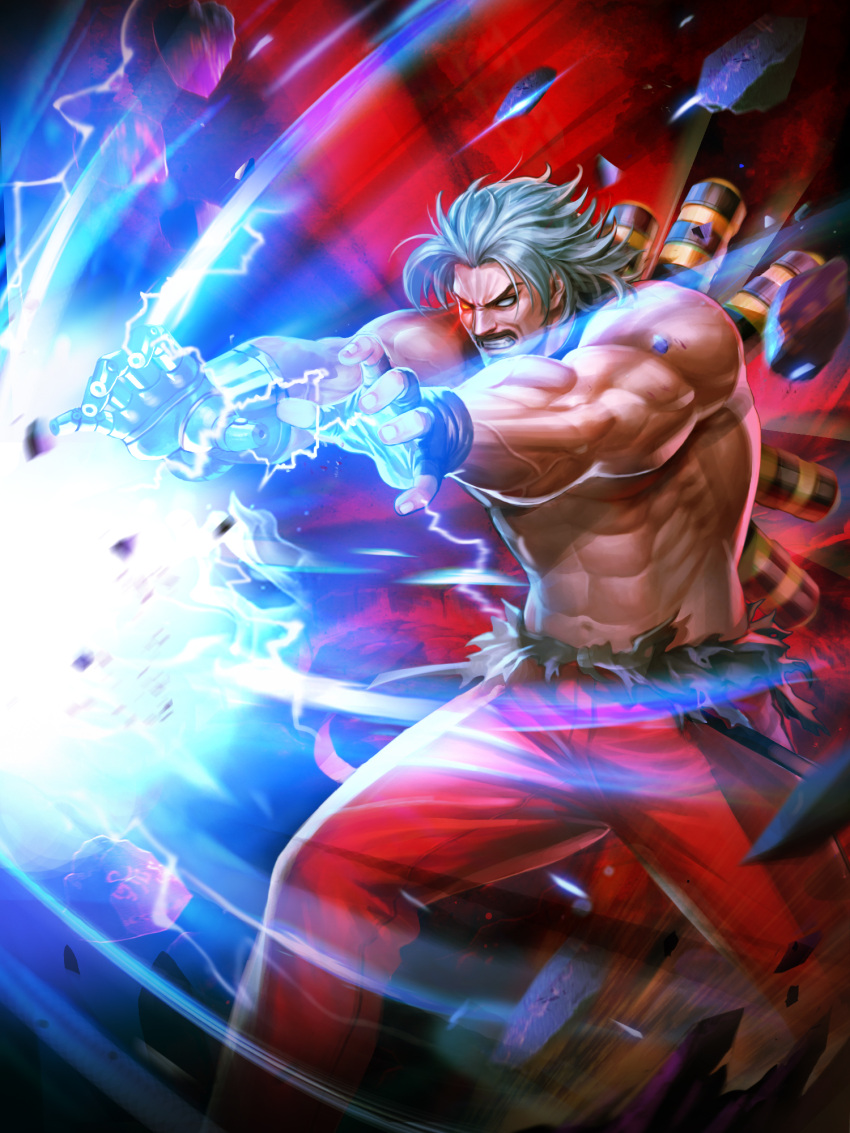 abs bare_pecs biceps chest_harness cyborg glowing glowing_eye harness heterochromia highres kaiser_wave manly mechanical_arm mechanical_parts muscular muscular_male official_art omega_rugal open_hands pants pectorals prosthesis red_pants rugal_bernstein snk suspenders suspenders_slip the_king_of_fighters the_king_of_fighters_'95 the_king_of_fighters_all-stars toned toned_male white_hair