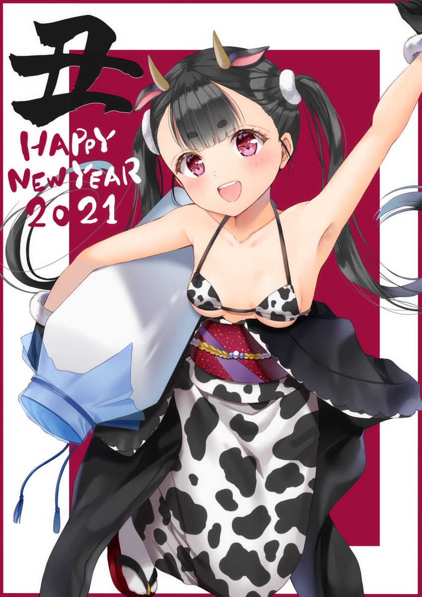 1girl 2021 :d absurdres animal_ears animal_print arm_up armpits bangs bikini bikini_top black_hair blunt_bangs bottle breasts collarbone cow_ears cow_horns cow_print extra_ears eyebrows_visible_through_hair happy_new_year highres holding holding_bottle horns long_hair looking_at_viewer milk_bottle new_year obi open_mouth original pink_eyes sash small_breasts smile solo swimsuit teeth thick_eyebrows twintails upper_teeth yoshida_iyo