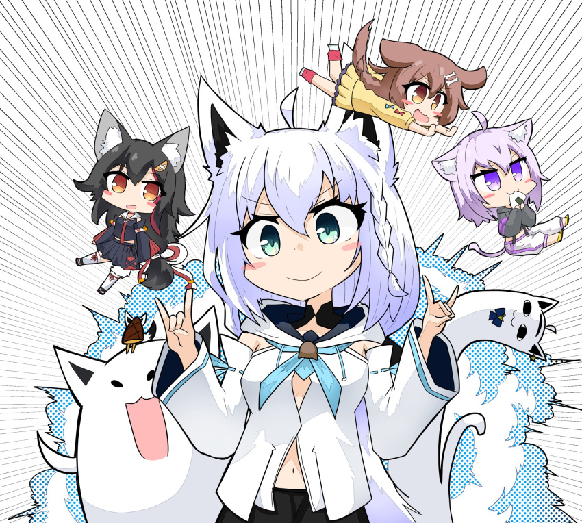 4girls ahoge animal_ear_fluff animal_ears arms_up black_hair black_shirt black_shorts black_skirt blue_neckwear blush brown_hair cat_ears cat_girl cat_tail chibi commentary_request detached_sleeves dog_ears dog_girl dog_tail eating emphasis_lines explosion eyebrows_visible_through_hair food fox_ears fox_girl fox_shadow_puppet fox_tail fubuzilla_(shirakami_fubuki) green_eyes hair_between_eyes highres holding holding_food hololive hololive_gamers hood hoodie inugami_korone jacket kuroshiro1011 looking_at_viewer midriff miteiru_(shirakami_fubuki) multicolored_hair multiple_girls navel neckerchief nekomata_okayu onigiri ookami_mio open_mouth oruyanke_(shirakami_fubuki) pants purple_hair red_eyes red_legwear shirakami_fubuki shirt shorts simple_background skirt smile socks tail thigh-highs two-tone_hair violet_eyes virtual_youtuber white_background white_hair white_hoodie white_legwear white_pants wolf_ears wolf_girl wolf_tail yellow_eyes yellow_jacket